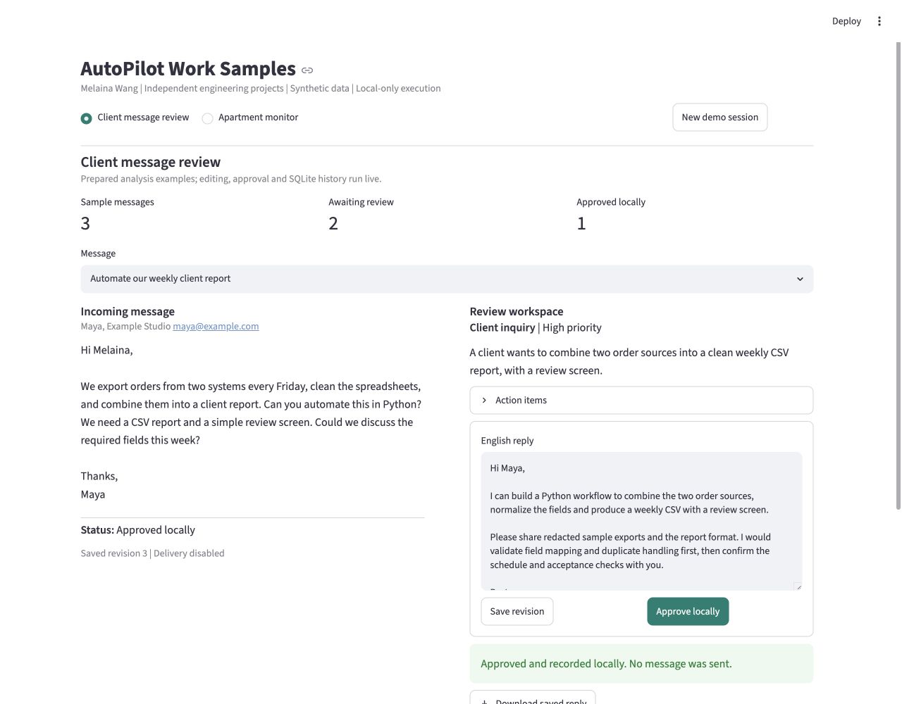 AutoPilot work sample showing an incoming client inquiry beside an editable reply and local approval controls